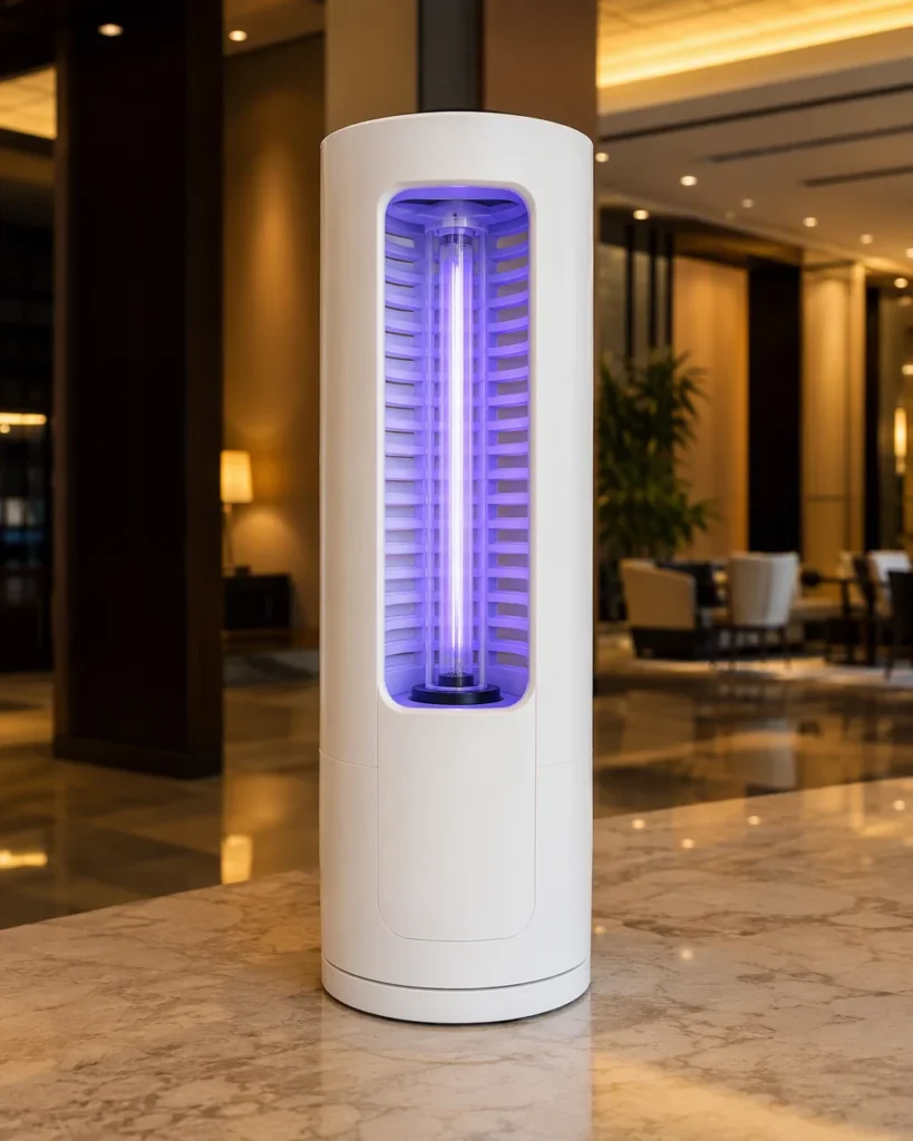 Vertical 3D upright white electric mosquito killer with a single 365nm UV-A tube glowing softly with blue-violet light, placed on a polished counter in a modern hotel lobby