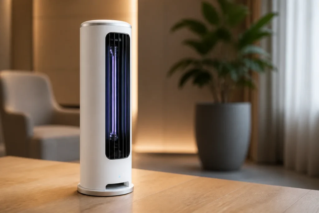 Vertical 3D upright electric mosquito killer with UV tube and high-voltage grid in a premium hotel lobby setting