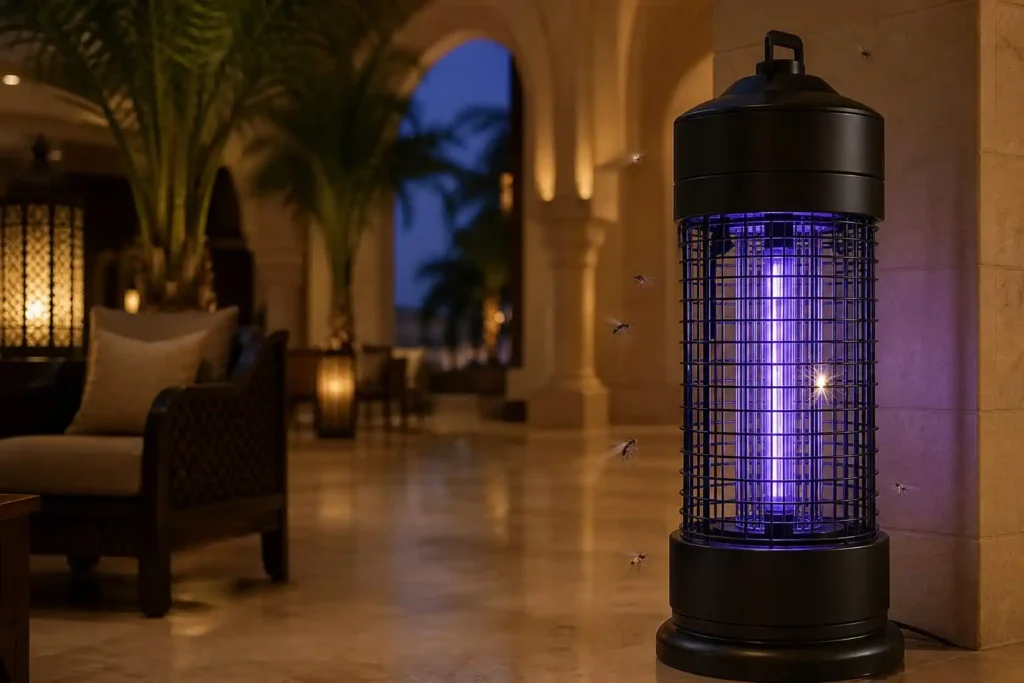Vertical black electric mosquito killer with glowing UV-A 365nm tube attracting mosquitoes in a Middle Eastern hotel lobby at dusk, with one insect making contact with the high-voltage 1800V grid