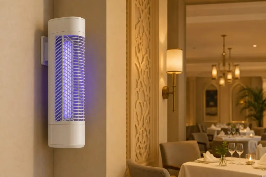 White vertical 3D upright electric mosquito killer wall-mounted in an upscale hotel restaurant dining room with glowing 365nm UV-A tube inside the protective mesh, set against warm beige interior with arabesque wall panel and brass sconce, dining tables visible in soft-focus background