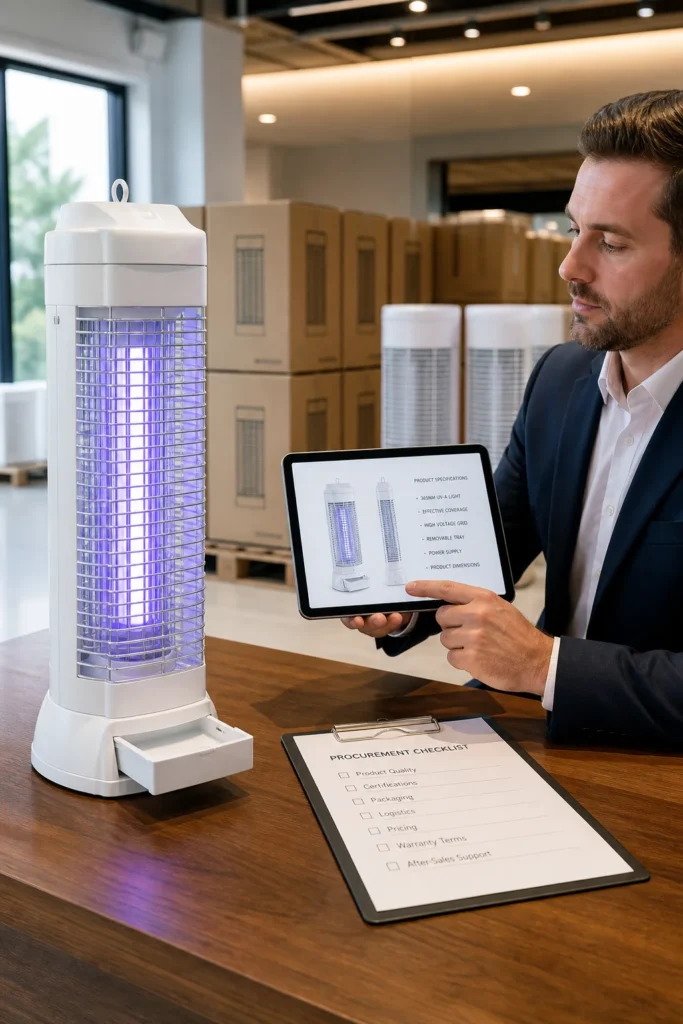 White vertical 3D upright electric mosquito killer with glowing 365nm UV-A tube on a polished wood inspection table, with a B2B procurement professional reviewing product specifications on a tablet and a procurement checklist clipboard listing product quality, certifications, packaging, logistics, pricing, warranty terms and after-sales support; background shows stacked product cartons on pallets in a clean modern wholesale showroom; clean white product, no logo, no brand name, no text on body