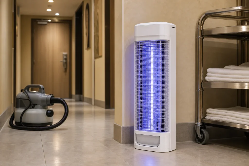 Vertical 3D upright electric mosquito killer with glowing UV-A tube next to an idle portable chemical fogger in a hotel back-of-house corridor with service trolley.