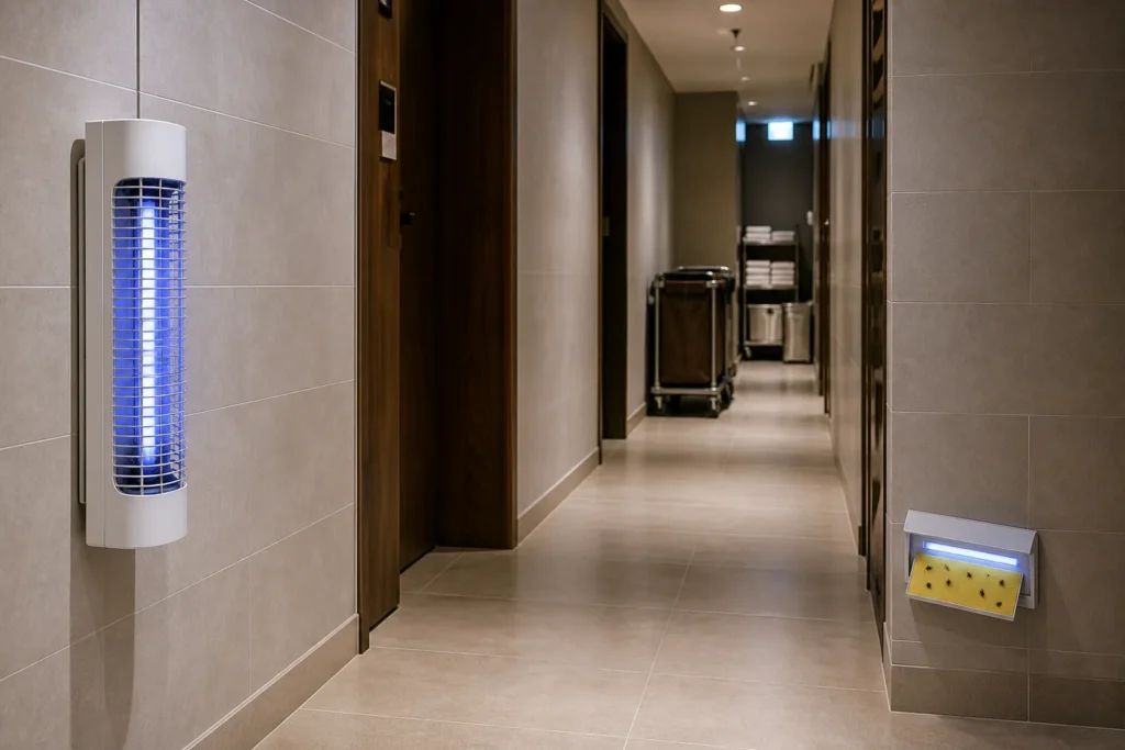 Side-by-side comparison of a vertical 3D upright electric mosquito killer with glowing UV-A tube and a low-profile sticky mosquito trap mounted on the wall of a hotel back-of-house corridor