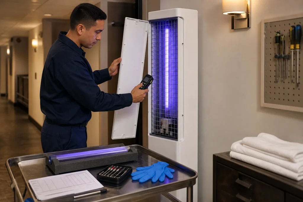 White vertical 3D upright electric mosquito killer with glowing 365nm UV-A tube clearly visible through the protective outer mesh, accessed in a darkened hotel back-of-house service corridor by a maintenance technician in navy workwear holding a handheld UV wavelength meter pointed at the tube, with a slim metal service cart in the foreground carrying a foam-cradled replacement UV tube, nitrile gloves, a precision screwdriver set and a paper checklist clipboard - clean white product housing, no logo, no brand name, no text, no certification marking, no model number on the unit body, soft violet UV-A glow against warm cream corridor walls