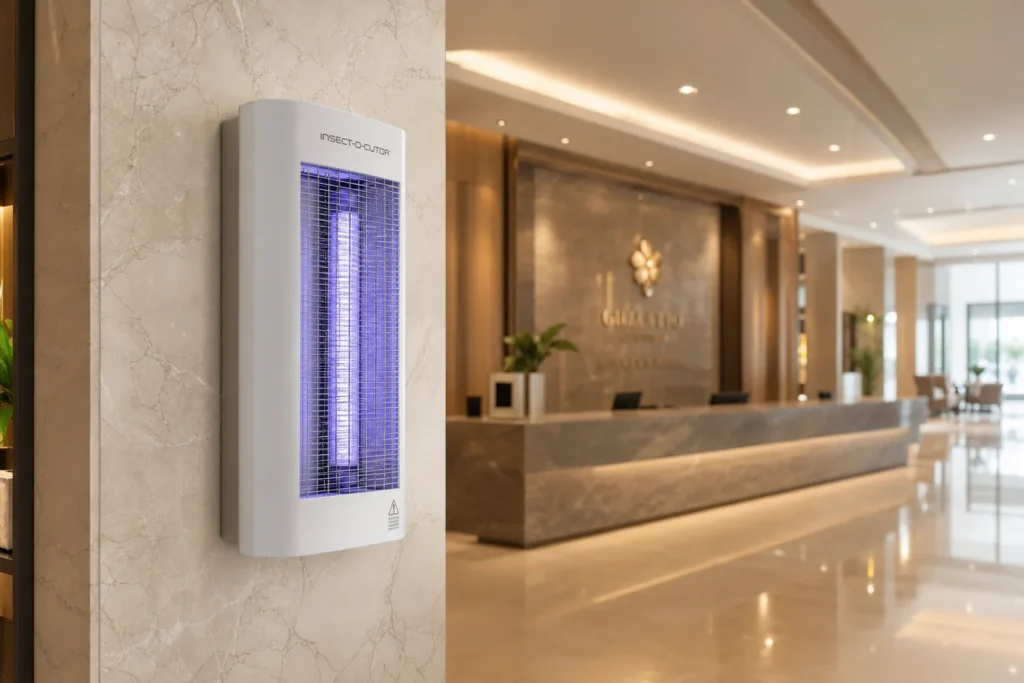 White vertical 3D upright electric mosquito killer with glowing UV-A tube installed in a modern hotel lobby interior, demonstrating indoor commercial space suitability for B2B hospitality buyers.