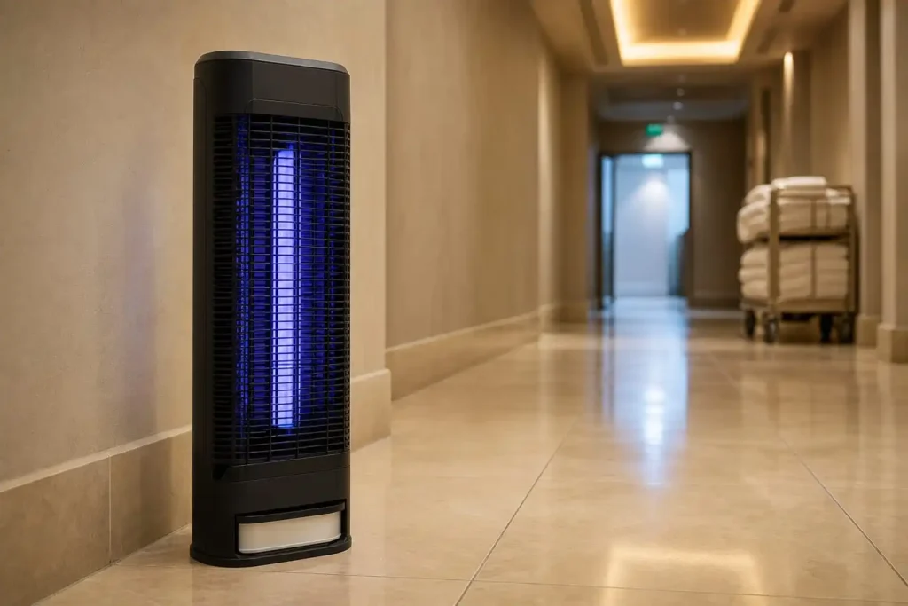 Vertical electric mosquito killer with glowing UV-A 365nm tube in a Middle Eastern hotel back-of-house service corridor, internal high-voltage grid enclosed by outer mesh and removable collection tray at the base